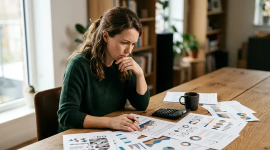 Conducteur analysant des documents d'assurance avec calculatrice et papiers administratifs sur un bureau