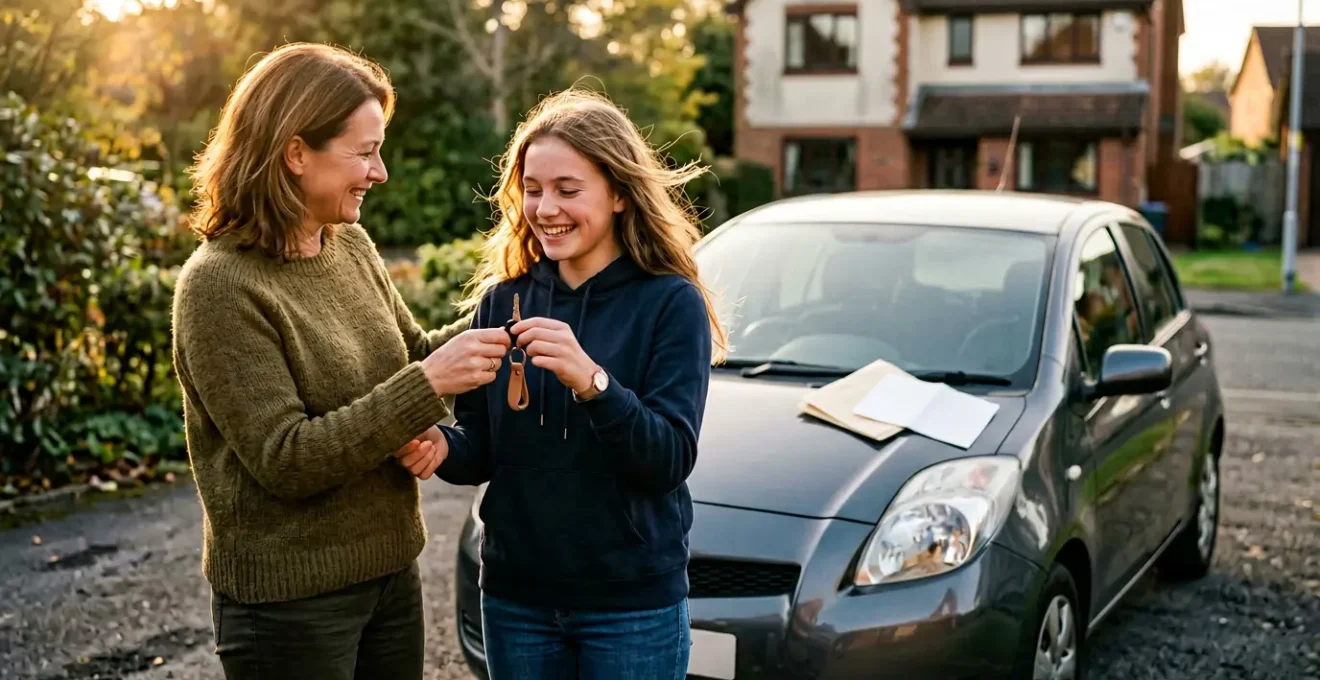 Jeune conducteur recevant ses clés de voiture après la conduite accompagnée, avec attestation AAC sur le capot