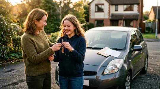 Jeune conducteur recevant ses clés de voiture après la conduite accompagnée, avec attestation AAC sur le capot