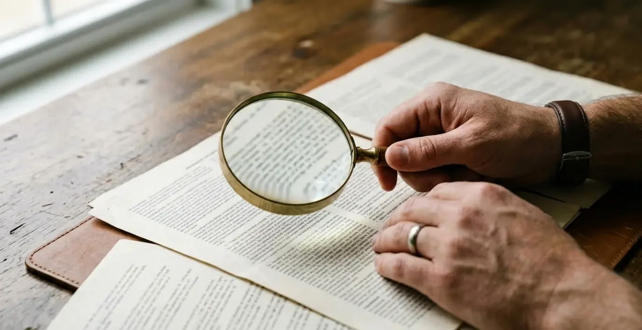 Personne examinant attentivement un contrat d'assurance avec une loupe, mettant en évidence les petits caractères