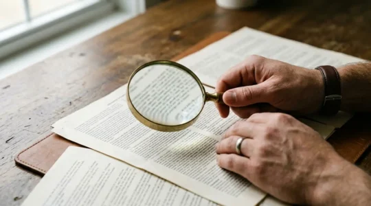 Personne examinant attentivement un contrat d'assurance avec une loupe, mettant en évidence les petits caractères