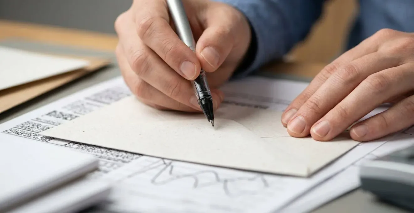 Mains préparant une lettre recommandée avec documents d'assurance sur bureau professionnel