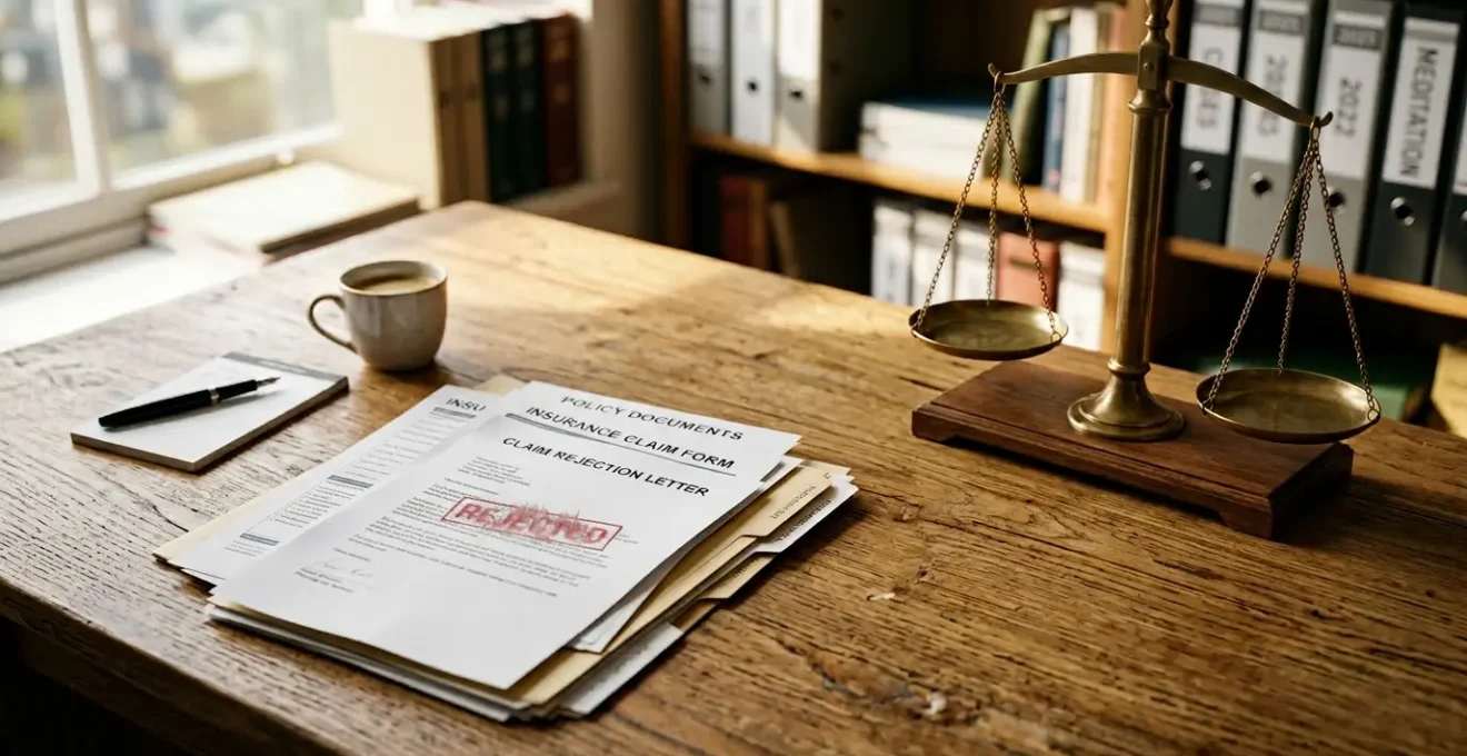 Dossier d'assurance auto et documents administratifs sur un bureau avec balance de justice en arrière-plan