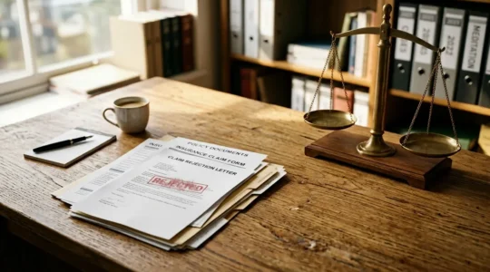 Dossier d'assurance auto et documents administratifs sur un bureau avec balance de justice en arrière-plan