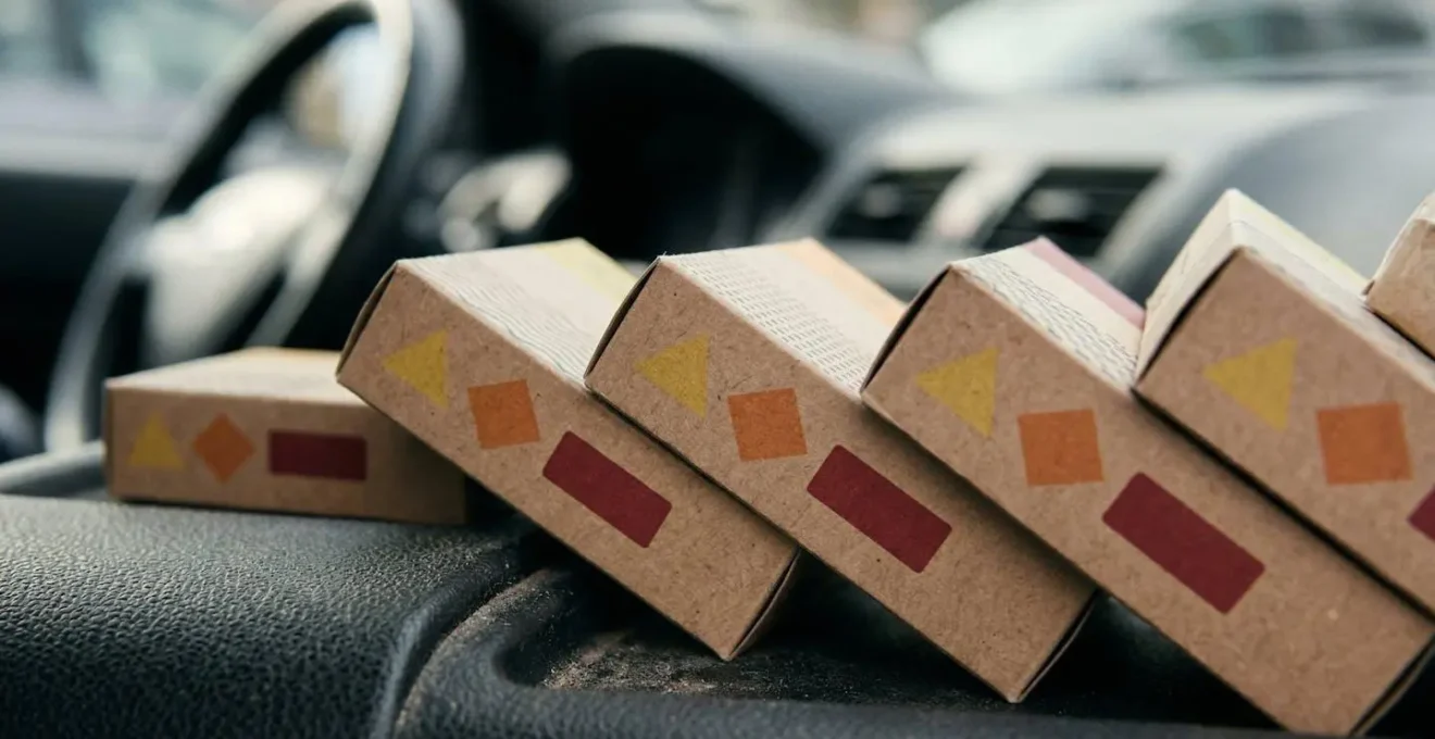 Médicaments avec pictogrammes de vigilance posés sur un tableau de bord de voiture