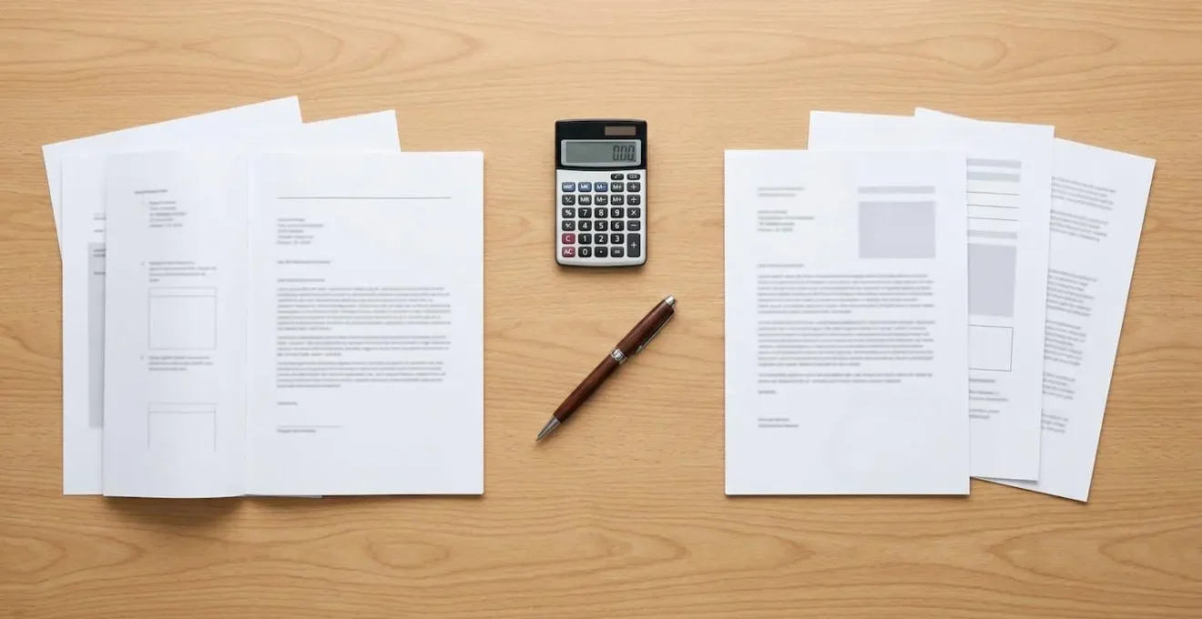 Bureau avec documents d'expertise, calculatrice et notes de négociation disposés stratégiquement