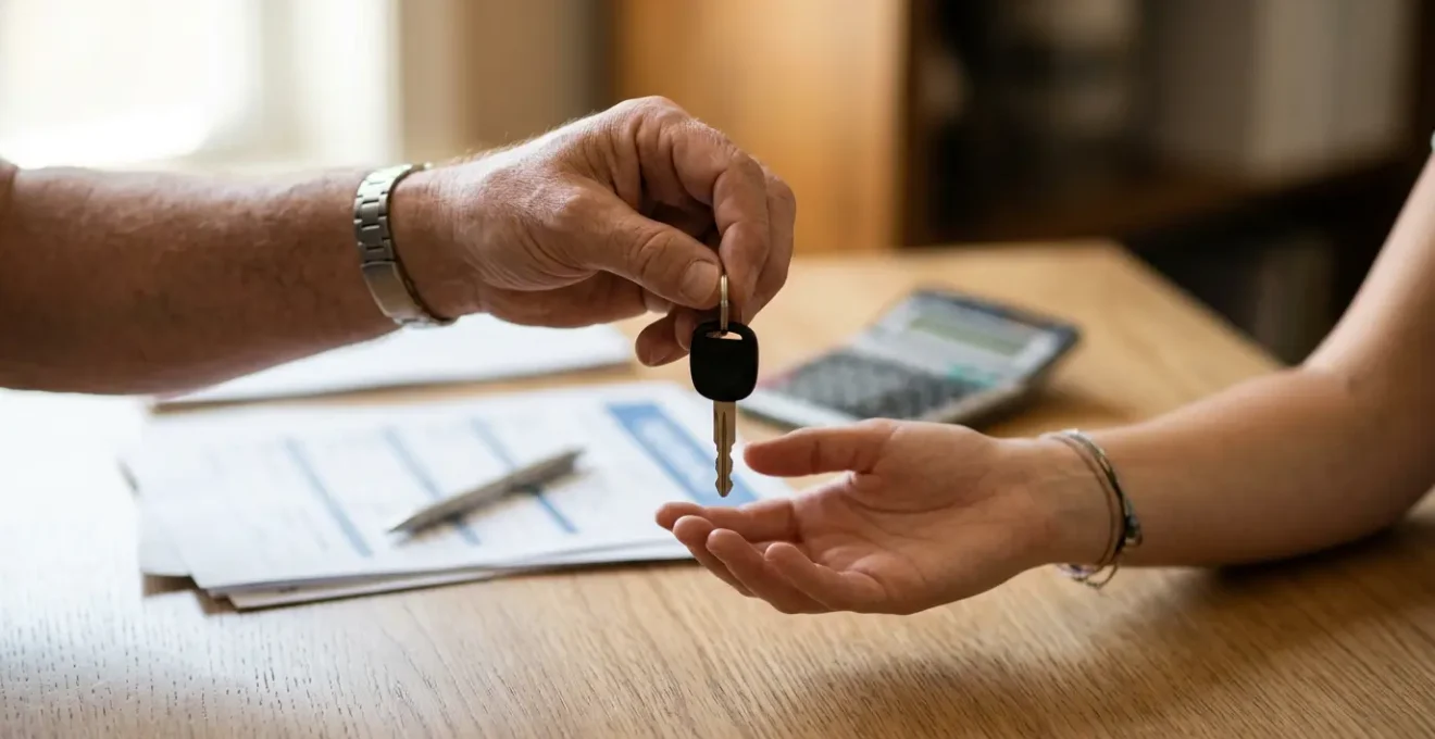 Échange de clés de voiture entre amis avec papiers d'assurance en arrière-plan