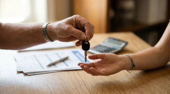 Échange de clés de voiture entre amis avec papiers d'assurance en arrière-plan