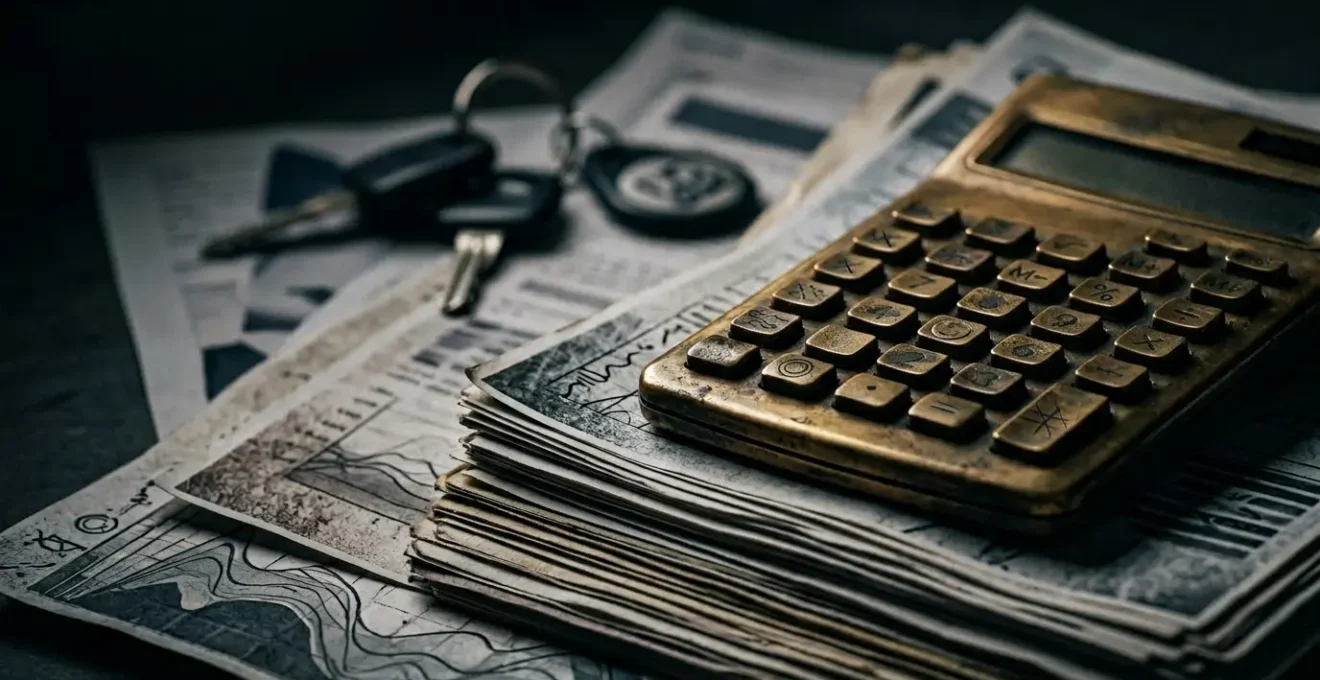 Calcul de franchise sur documents avec calculatrice et clés de voiture floues