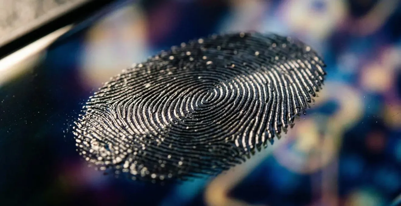 Gros plan macro sur empreinte digitale sur surface réfléchissante évoquant la sécurité numérique