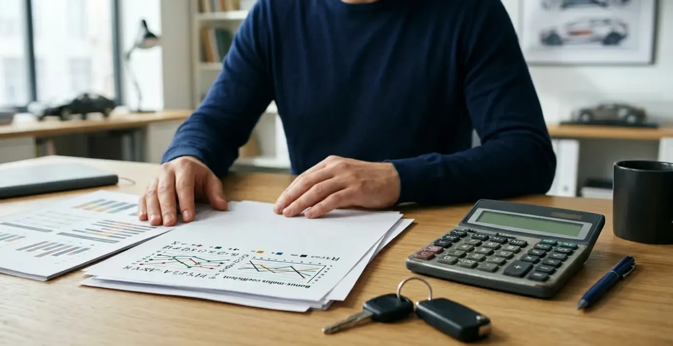 Conducteur analysant des documents d'assurance avec calculette et graphiques de coefficient bonus-malus