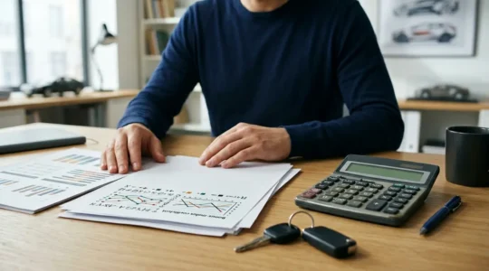 Conducteur analysant des documents d'assurance avec calculette et graphiques de coefficient bonus-malus