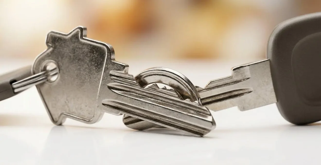 Composition minimaliste montrant clés de voiture et de maison sur surface épurée