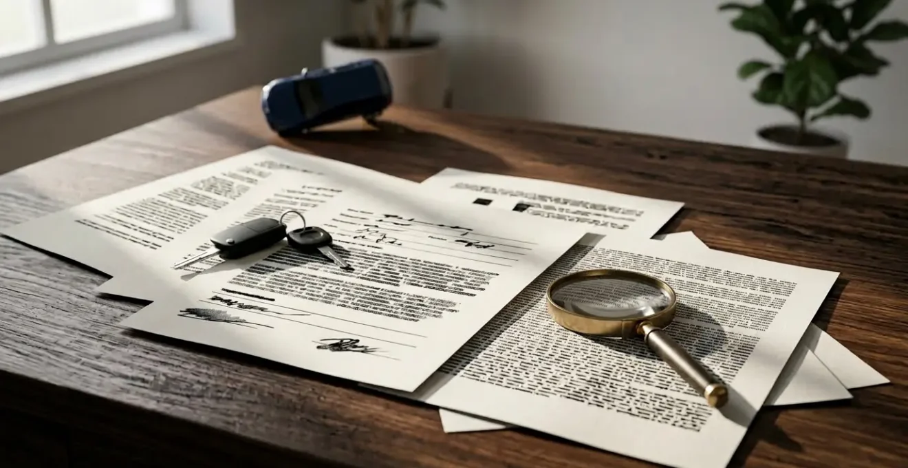 Documents d'assurance auto éparpillés avec clés de voiture et constat amiable sur bureau en bois