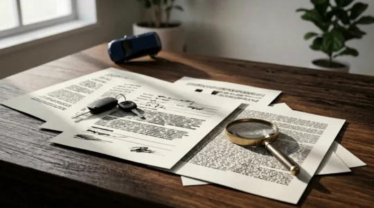 Documents d'assurance auto éparpillés avec clés de voiture et constat amiable sur bureau en bois