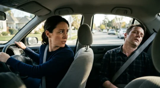 Vue intérieure d'une voiture avec un passager inquiet et une personne malade à l'arrière