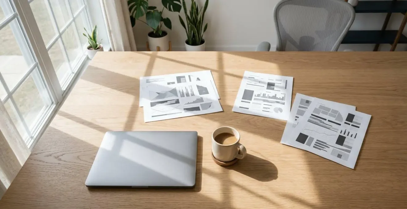 Vue aérienne d'un bureau avec documents d'assurance éparpillés sans texte lisible
