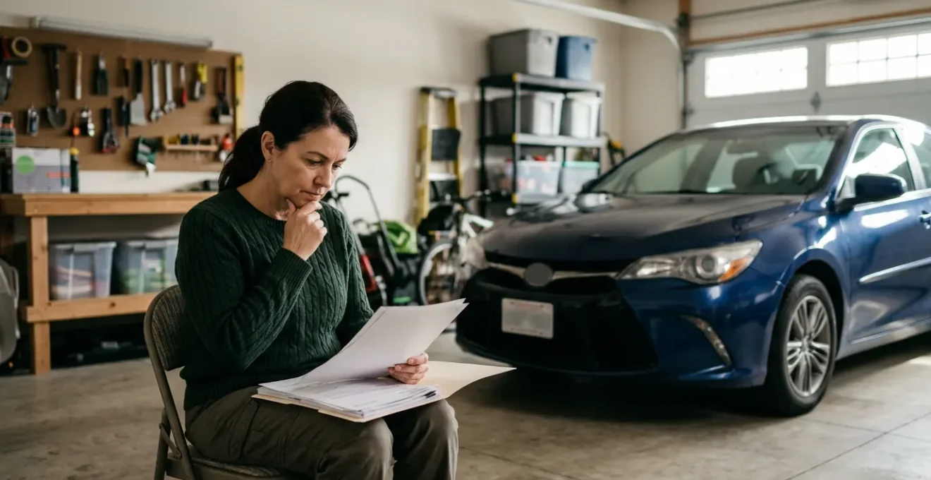 Conducteur analysant des documents d'assurance près d'une voiture de plus de 6 ans