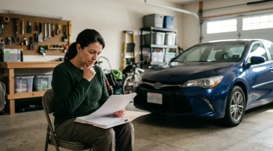 Conducteur analysant des documents d'assurance près d'une voiture de plus de 6 ans