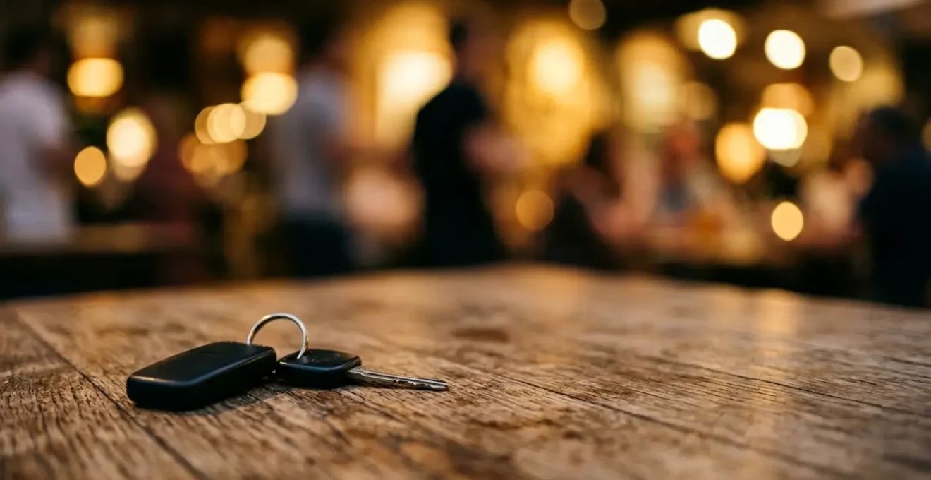 Clés de voiture abandonnées sur une table avec atmosphère de soirée floue en arrière-plan