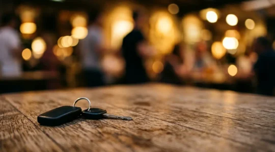 Clés de voiture abandonnées sur une table avec atmosphère de soirée floue en arrière-plan