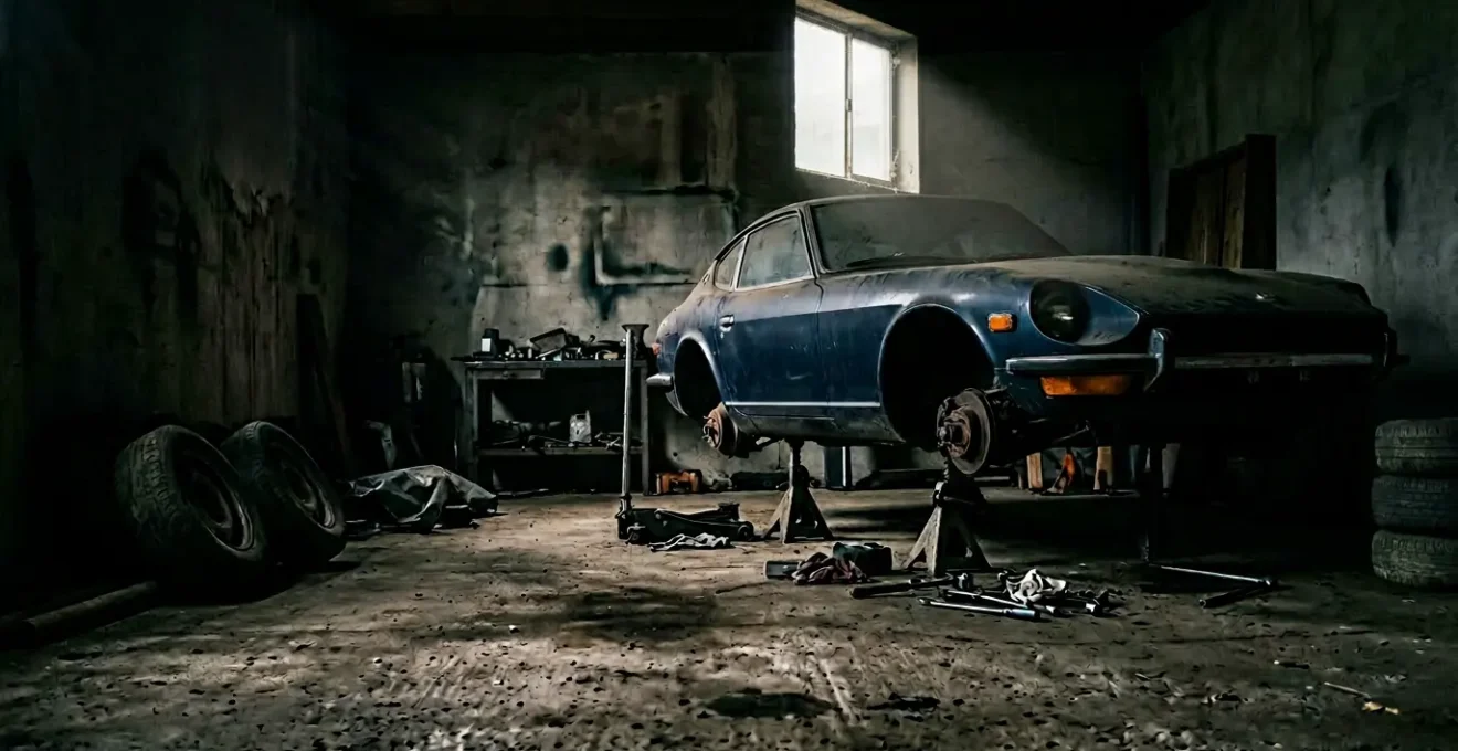 Voiture immobilisée dans un garage sombre avec documents d'assurance flous au premier plan