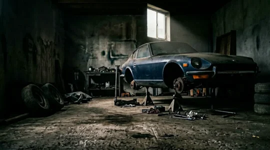 Voiture immobilisée dans un garage sombre avec documents d'assurance flous au premier plan