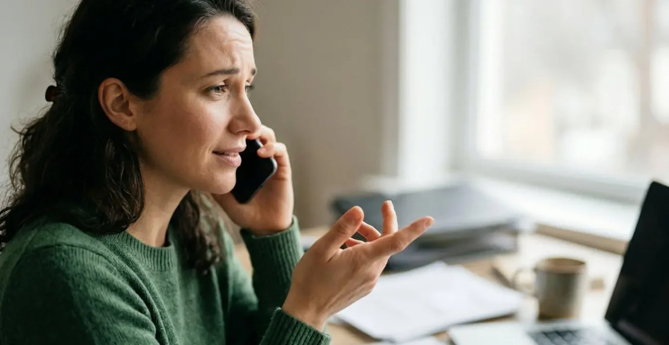 Personne au téléphone expliquant calmement un sinistre à son assureur, avec des documents d'assurance en arrière-plan flou.