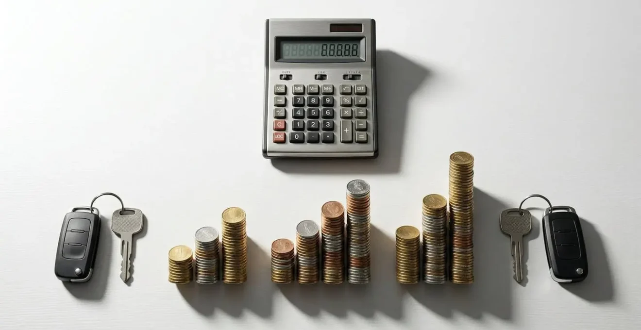 Calculatrice et graphiques financiers sur un bureau avec des clés de voiture, symbolisant le calcul de rentabilité de l'assurance auto.