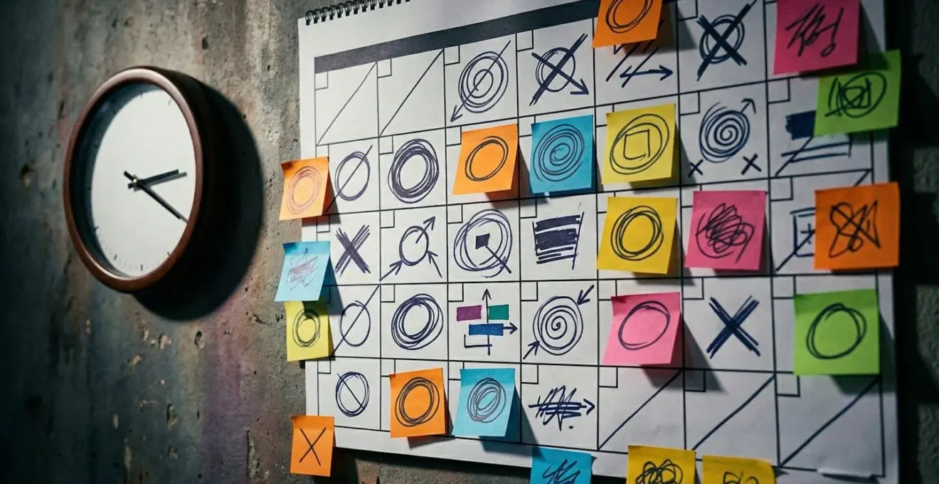 Calendrier mural avec dates encerclées et post-it colorés, horloge murale indiquant l'urgence