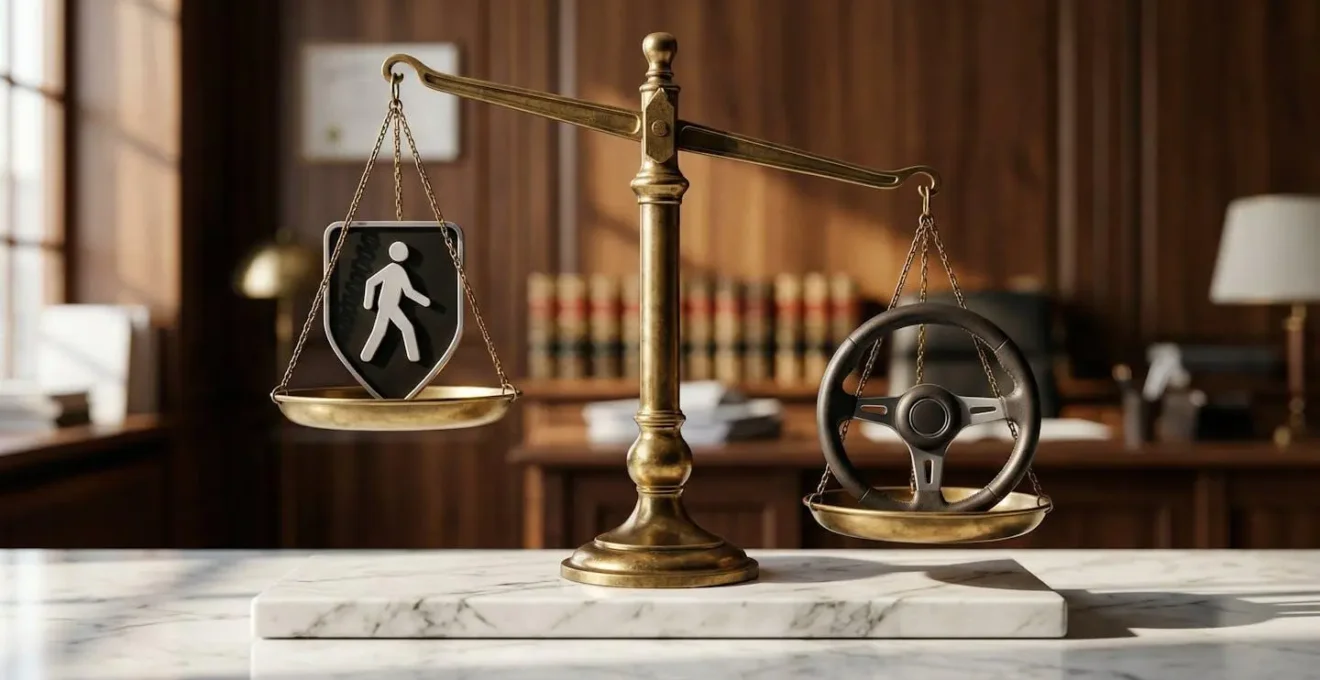 Représentation symbolique de la balance de justice avec des éléments représentant piétons et conducteurs.