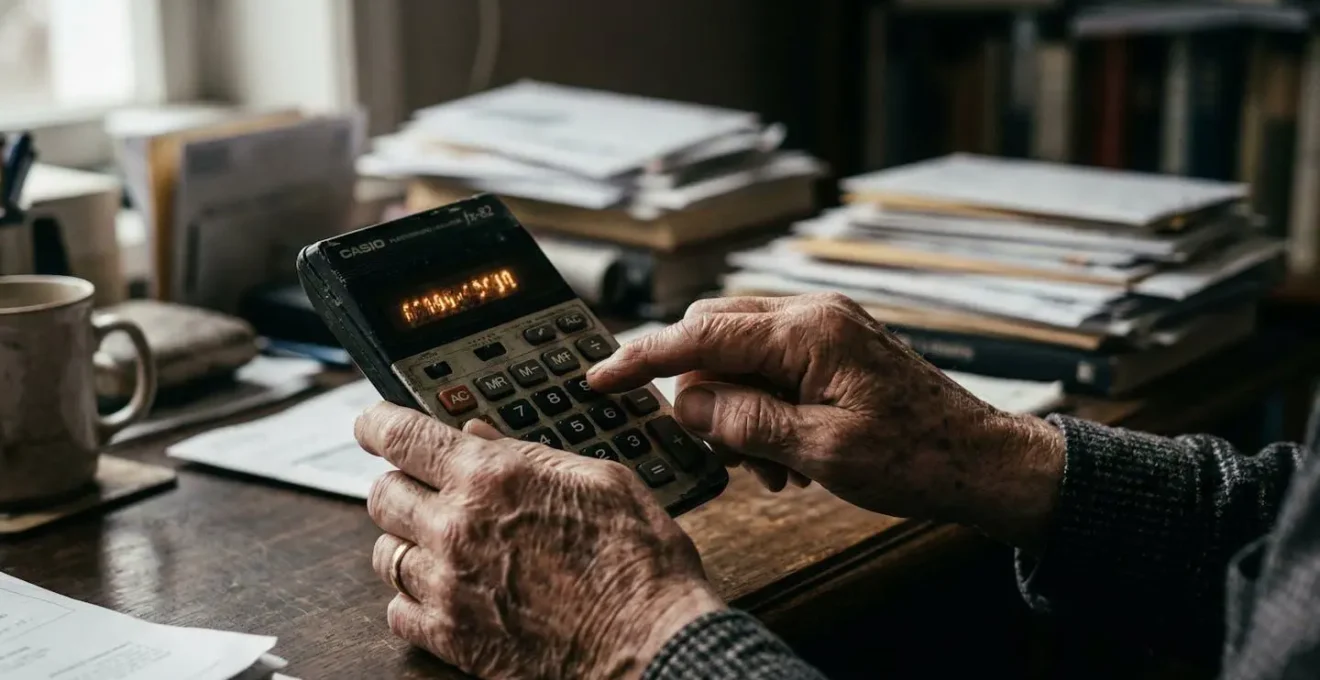 Main tenant une calculatrice devant des papiers flous, évoquant le calcul interminable d'une dette insurmontable