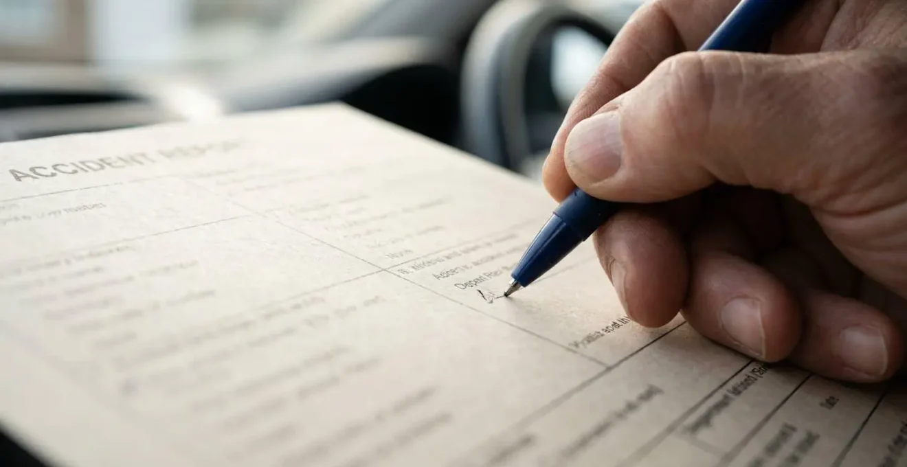 Conducteur remplissant soigneusement un constat amiable après un accident pour assurer une rédaction factuelle.
