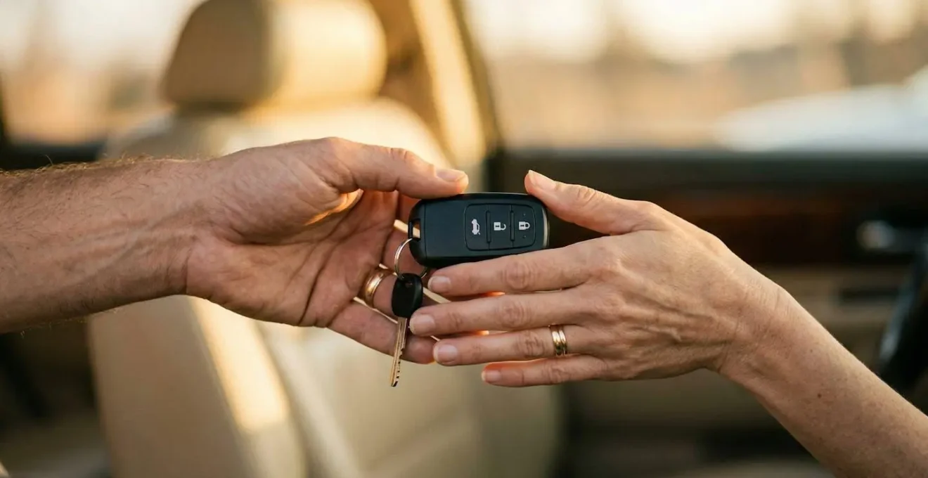 Couple échangeant des clés de voiture symbolisant le partage de conduite