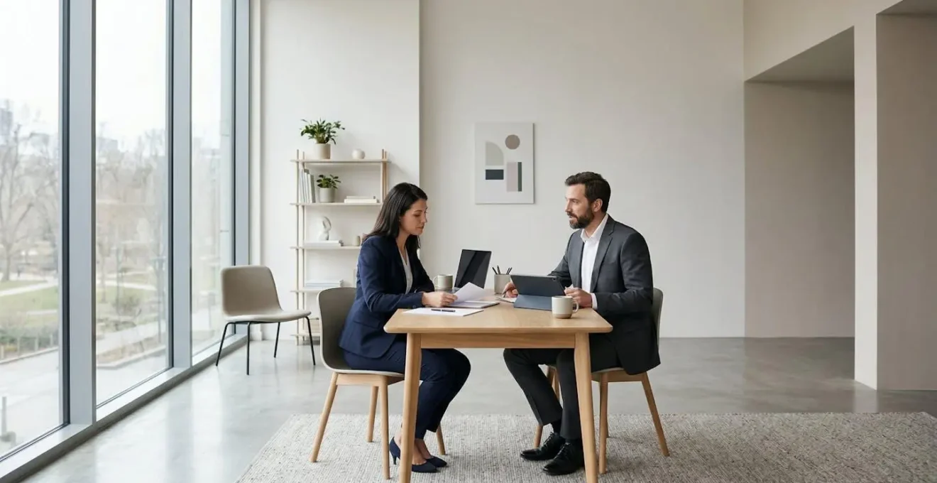 Conseiller en assurance échangeant avec un client dans un bureau moderne et accueillant