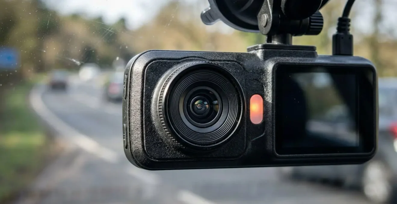 Dashcam installée sur le pare-brise d'une voiture filmant la route