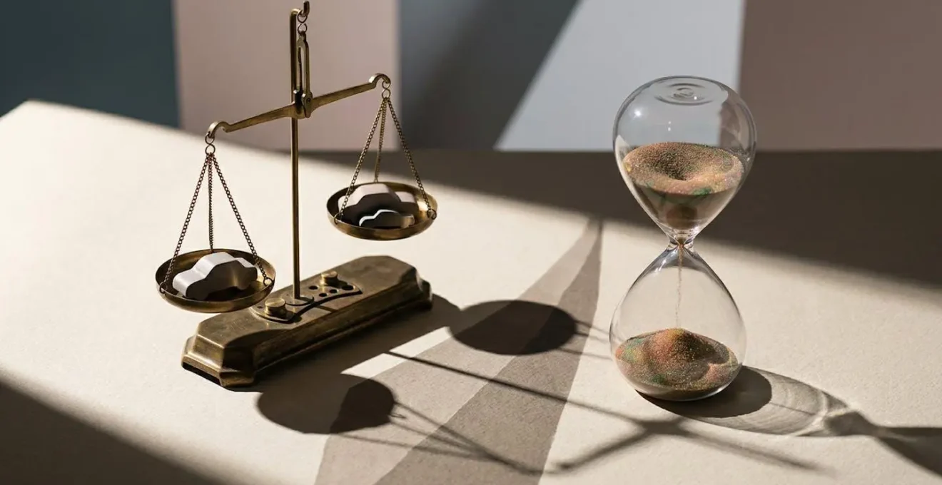Métaphore visuelle de deux risques séparés avec une balance et un sablier symbolisant la distinction entre le risque matériel et le risque lié au conducteur.