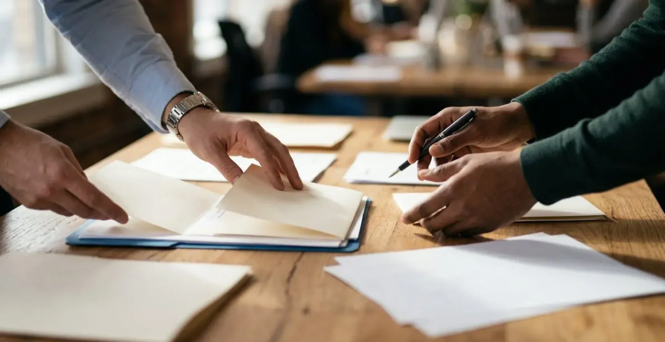 Dossier ouvert avec documents administratifs rangés méthodiquement, main tenant un stylo au-dessus d'un formulaire