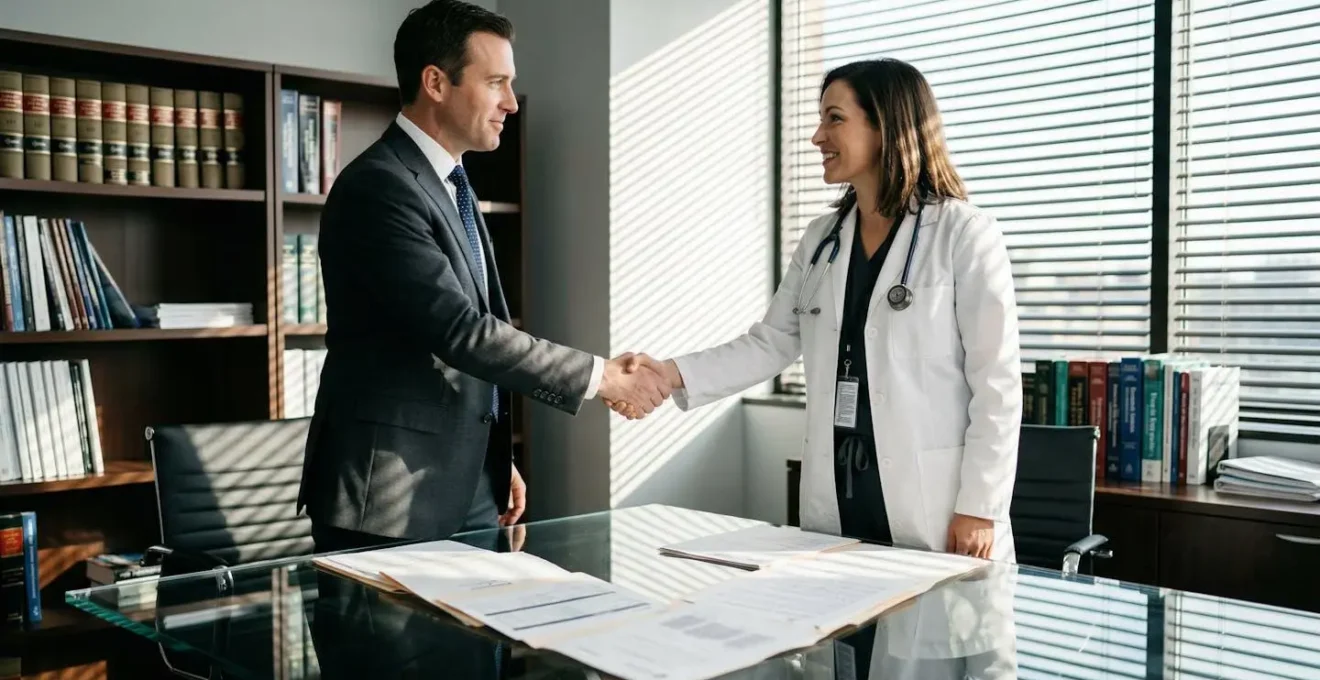 Avocat et médecin conseil examinant ensemble un dossier médical dans un bureau professionnel