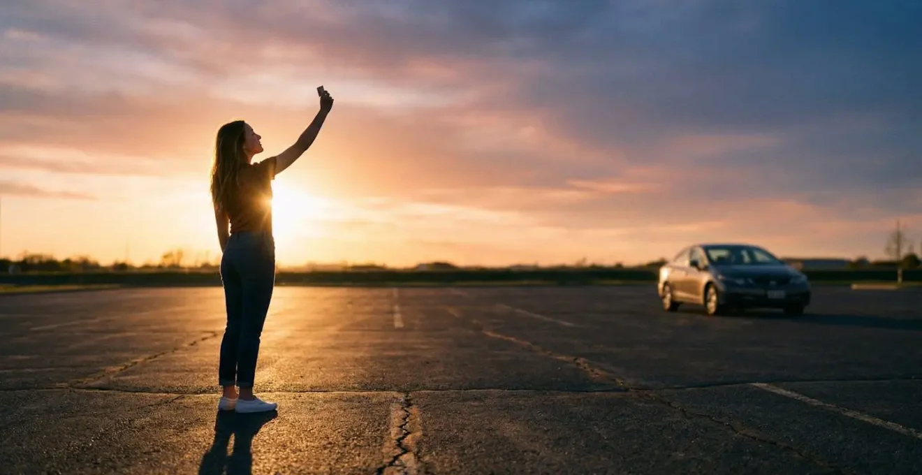 Jeune adulte tenant fièrement son permis de conduire près d'une voiture