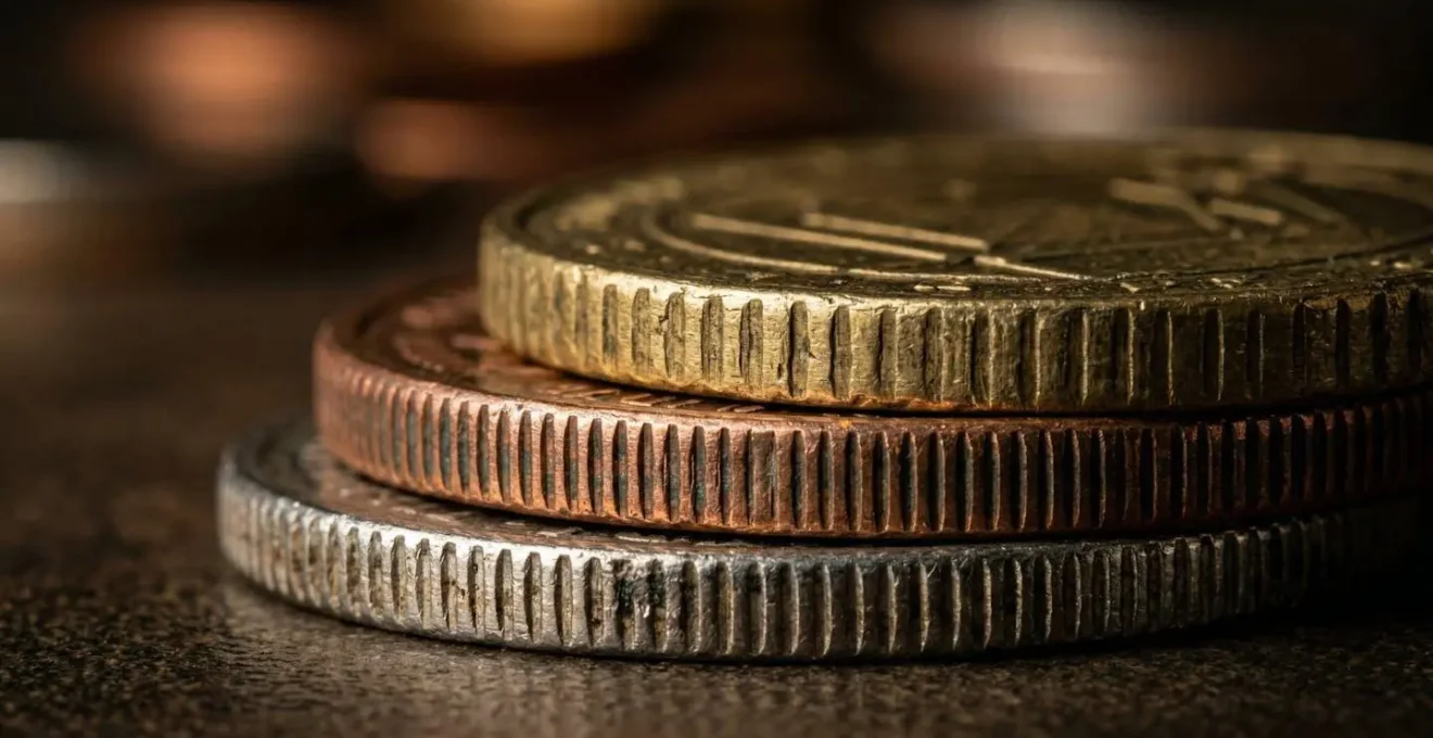 Composition macro de trois pièces de monnaie empilées, symbolisant le triple coût de la franchise dommages, prêt de volant et jeune conducteur.