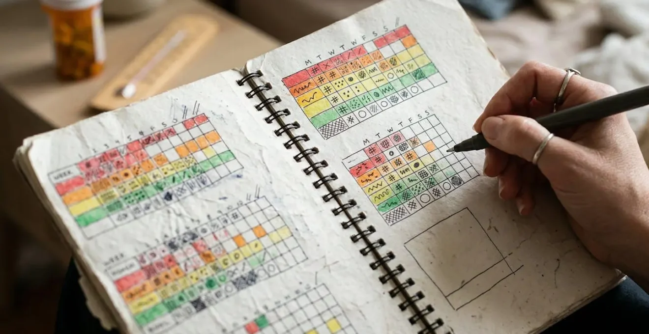 Journal médical personnel ouvert montrant des graphiques de suivi de douleur sans texte lisible