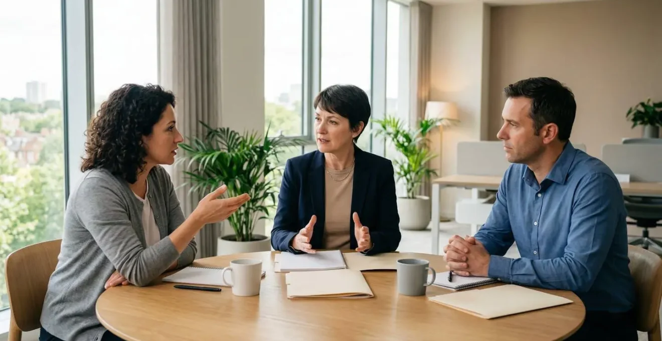 Scène de médiation professionnelle entre parties autour d'une table de réunion.