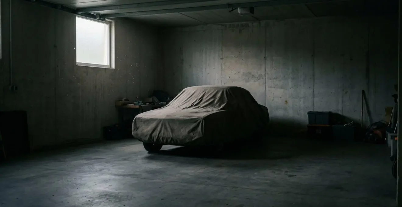 Vue d'un garage privé avec une voiture couverte d'une bâche, symbolisant l'obligation d'assurance même pour un véhicule immobilisé