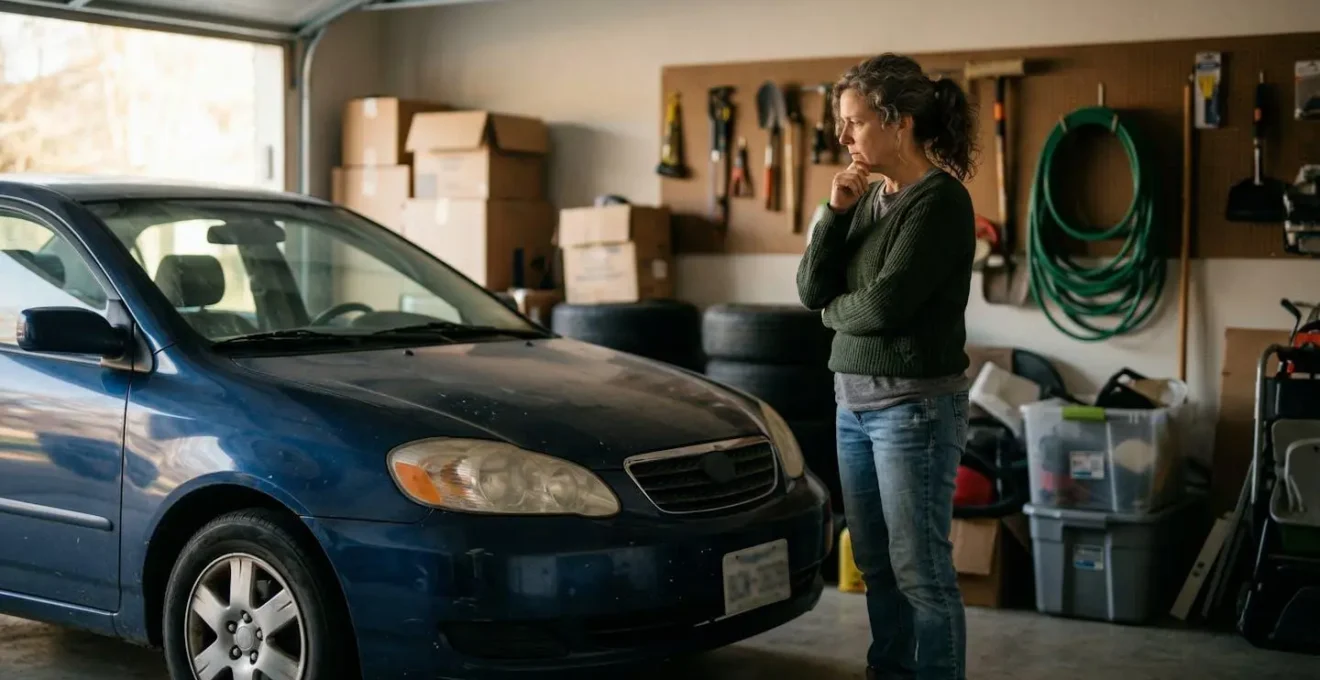 Voiture ancienne dans un garage avec propriétaire réfléchissant aux économies possibles