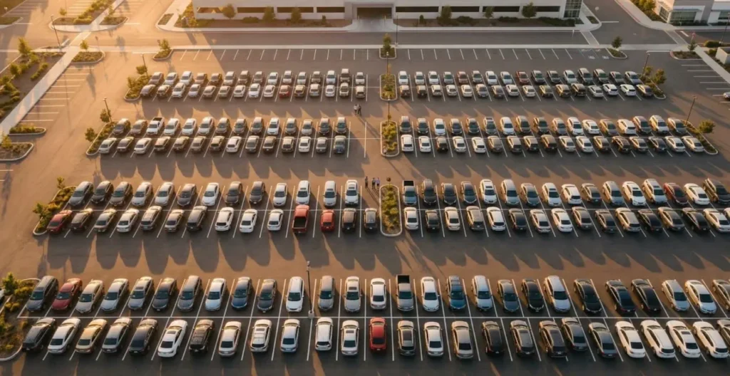 Vue aérienne d'un parking avec plusieurs voitures et personnes échangeant des clés Vue aérienne d'un parking avec plusieurs voitures et personnes échangeant des clés