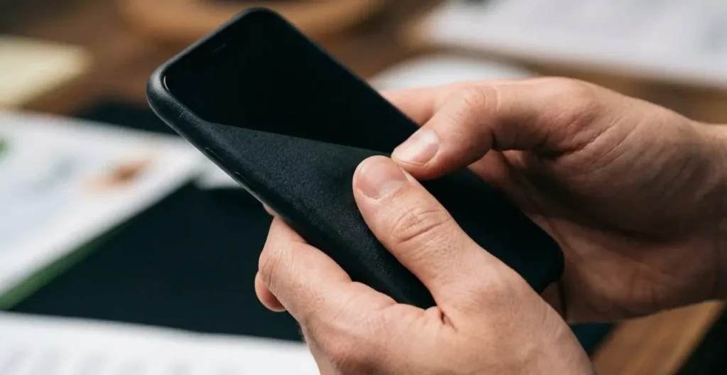 Main tenant un smartphone montrant des messages, avec des documents d'assurance flous en arrière-plan Main tenant un smartphone montrant des messages, avec des documents d'assurance flous en arrière-plan